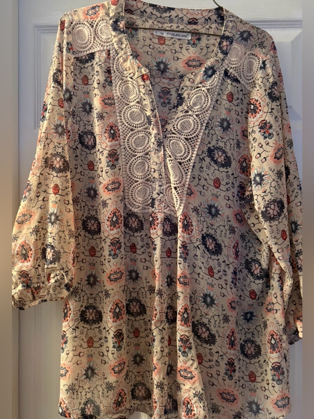 Maurices Cream Floral Crochet-Trim Peasant Tunic